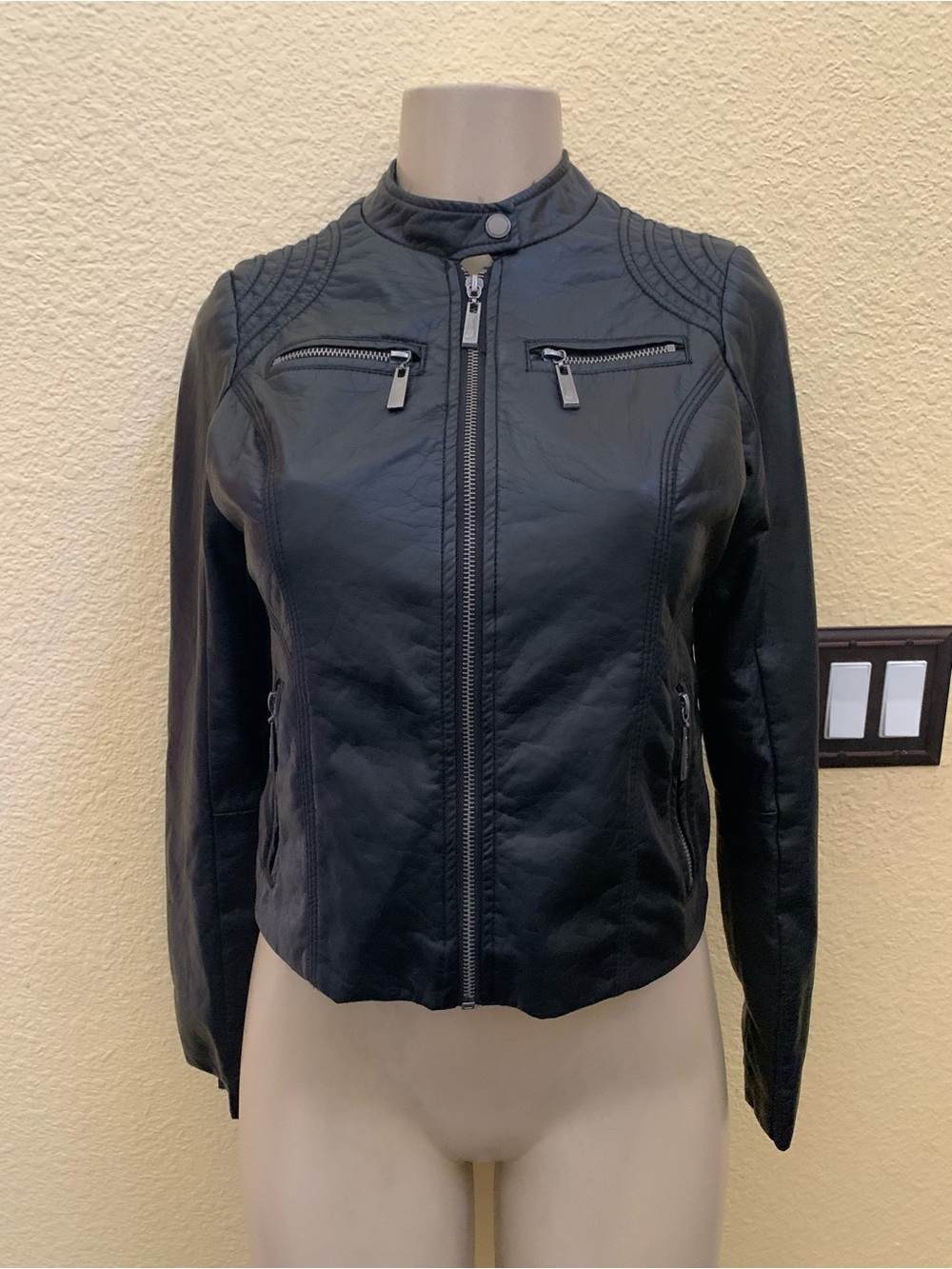 Jou Jou Size XS Black Faux Leather Full Zip Biker Jacket